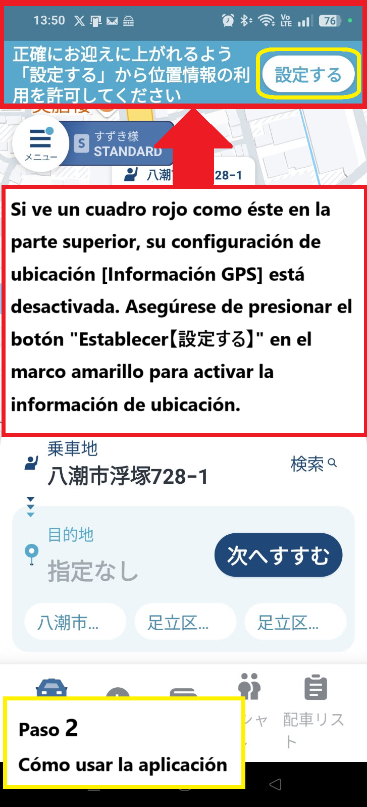 Pantalla inicial de la app GO con un mensaje en la parte superior solicitando permiso para usar la ubicación.