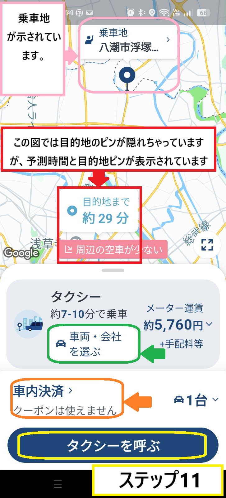 決済方法を選ぶボタンの説明とクーポン券の使い方、及び各項目の説明の画像