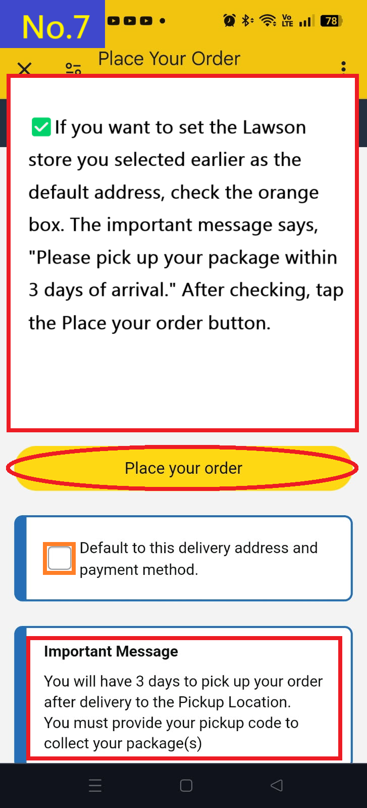 Image description of If you want to make this address the default, check default to this delivery address and tap Place your order.